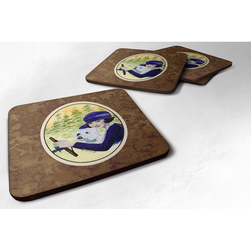 Woman driving with her Westie Coasters - Set of 4 Lightweight Foam, Absorbent Drink Coasters