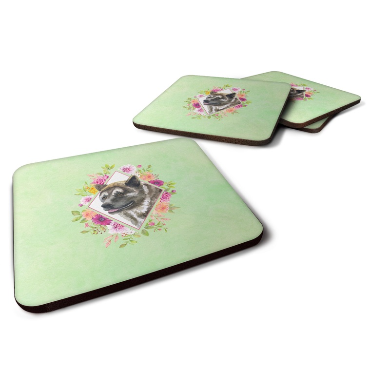 Akita Green Flowers Coasters - Set of 4 Lightweight Foam, Absorbent Drink Coasters  CK4273FC