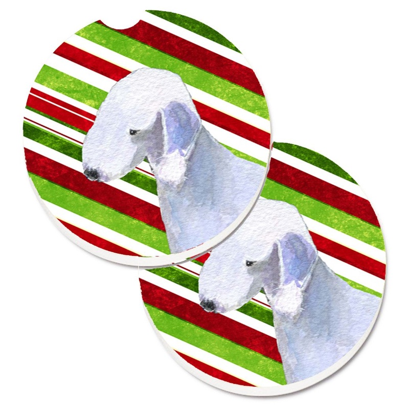 Bedlington Terrier Candy Cane Holiday Christmas Car Coasters  Set of 2 - Absorbent Stone with Fun & Functional Artwork SS4552CARC