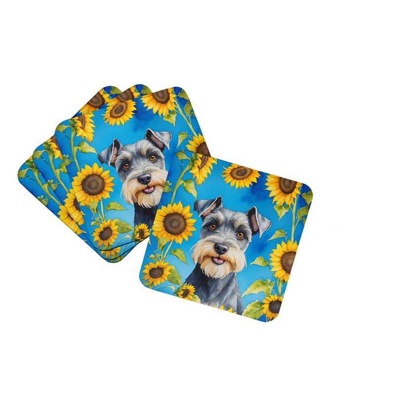 Schnauzer in Sunflowers Coasters - Set of 4 Lightweight Foam, Absorbent Drink Coasters