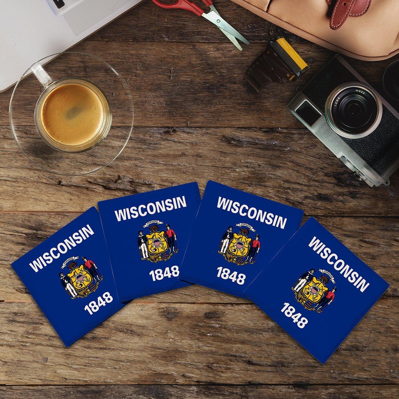 Wisconsin State Flag | Drink Coaster Set of 4 | Absorbent Ridged Ceramic with Cork Backing