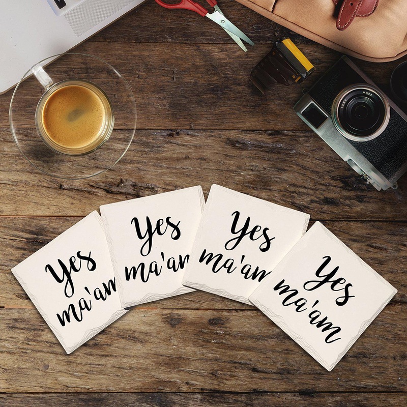 Yes Ma'am | Drink Coaster Set of 4 | Absorbent Ridged Ceramic with Cork Backing