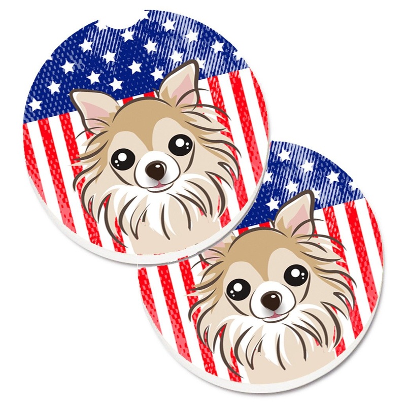 American Flag and Chihuahua Car Coasters  Set of 2 - Absorbent Stone with Fun & Functional Artwork BB2181CARC