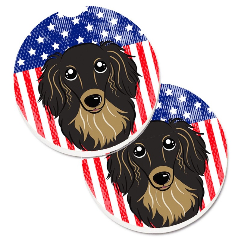 American Flag and Longhair Black and Tan Dachshund Car Coasters  Set of 2 - Absorbent Stone with Fun & Functional Artwork BB2143CARC
