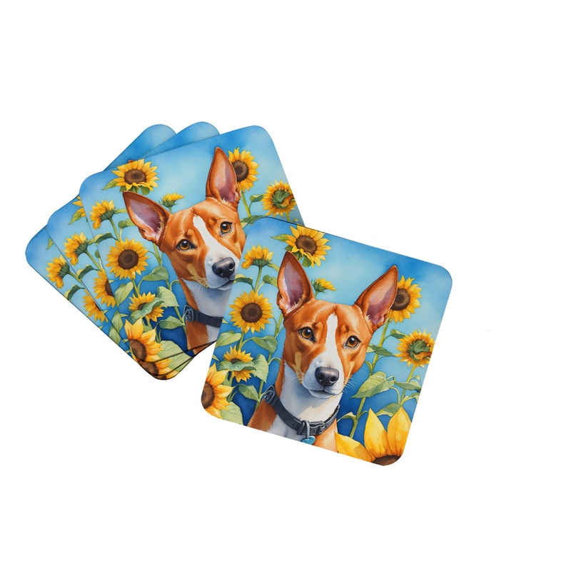 Basenji in Sunflowers Coasters - Set of 4 Lightweight Foam, Absorbent Drink Coasters