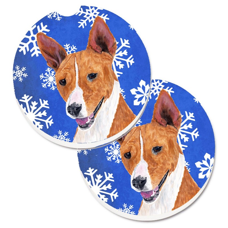 Basenji Winter Snowflakes Holiday Car Coasters  Set of 2 - Absorbent Stone with Fun & Functional Artwork SC9387CARC