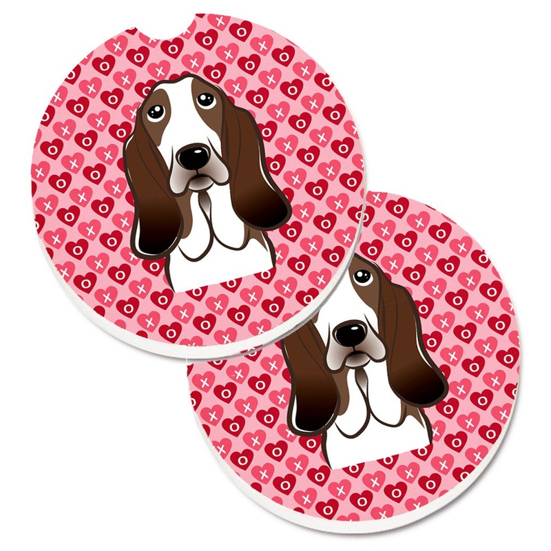 Basset Hound Hearts Car Coasters  Set of 2 - Absorbent Stone with Fun & Functional Artwork BB5313CARC