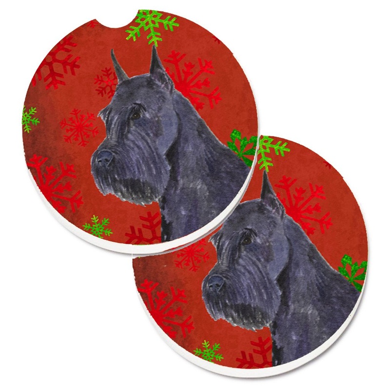 Schnauzer Red and Green Snowflakes Holiday Christmas Car Coasters  Set of 2 - Absorbent Stone with Fun & Functional Artwork SS4730CARC
