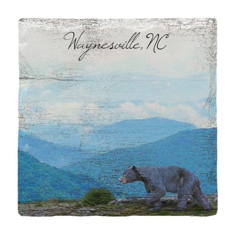 Waynesville, North Carolina Scenic Mountain with Bear Coasters | Drink Coaster Set of 4 | Absorbent Ridged Ceramic with Cork Backing