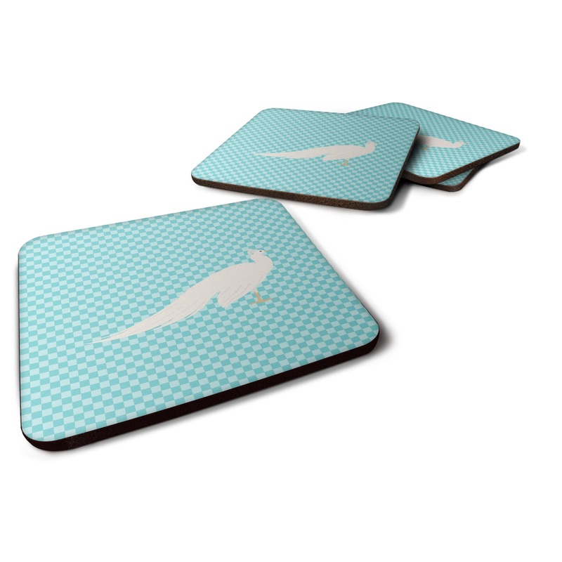 White Peacock Peafowl Blue Check Foam Coaster  BB8100FC
