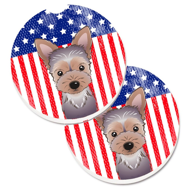 American Flag and Yorkie Puppy Car Coasters  Set of 2 - Absorbent Stone with Fun & Functional Artwork BB2162CARC