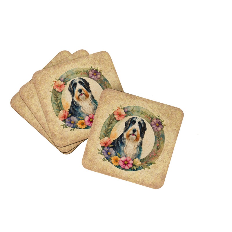Bearded Collie and Flowers Coasters - Set of 4 Lightweight Foam, Absorbent Drink Coasters