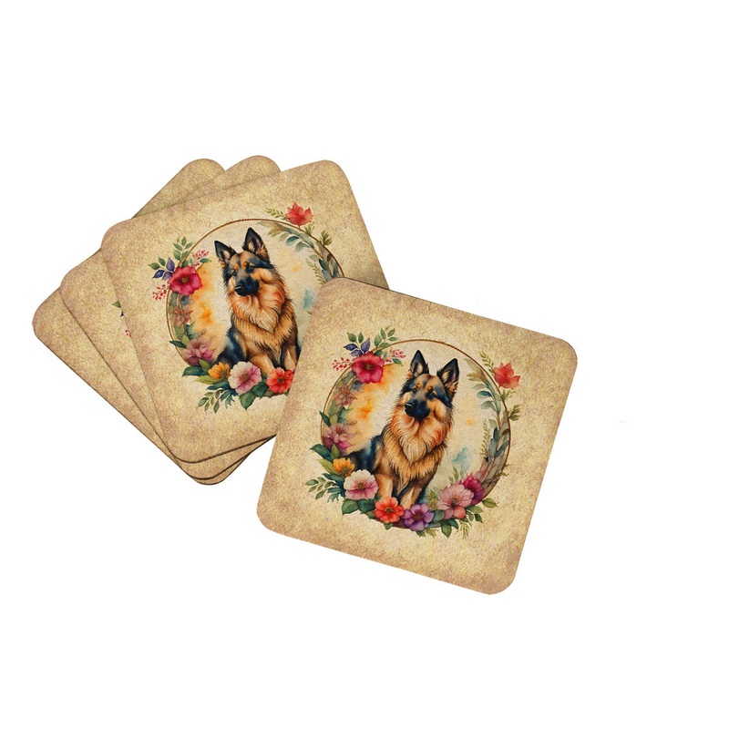 Belgian Tervuren and Flowers Coasters - Set of 4 Lightweight Foam, Absorbent Drink Coasters