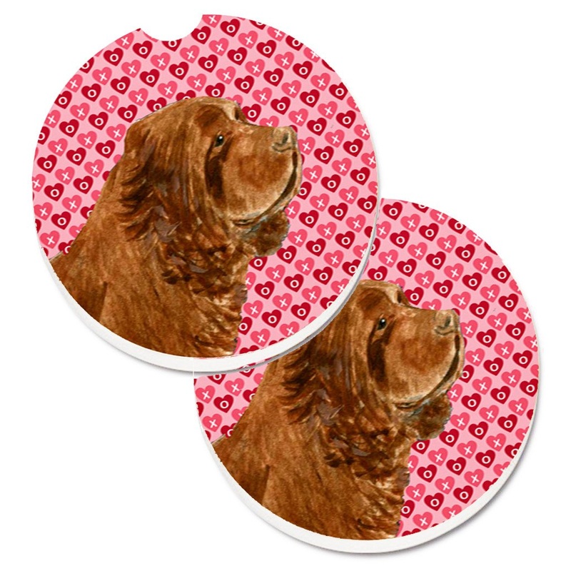 Sussex Spaniel Hearts Love Valentine's Day Car Coasters  Set of 2 - Absorbent Stone with Fun & Functional Artwork SS4510CARC