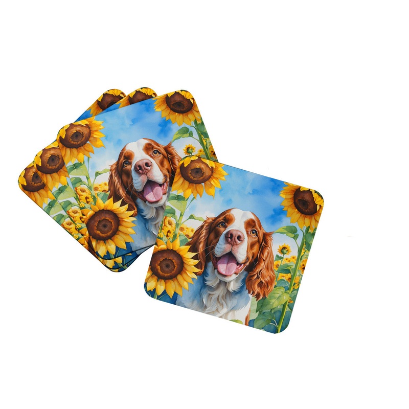 Welsh Springer Spaniel in Sunflowers Coasters - Set of 4 Lightweight Foam, Absorbent Drink Coasters