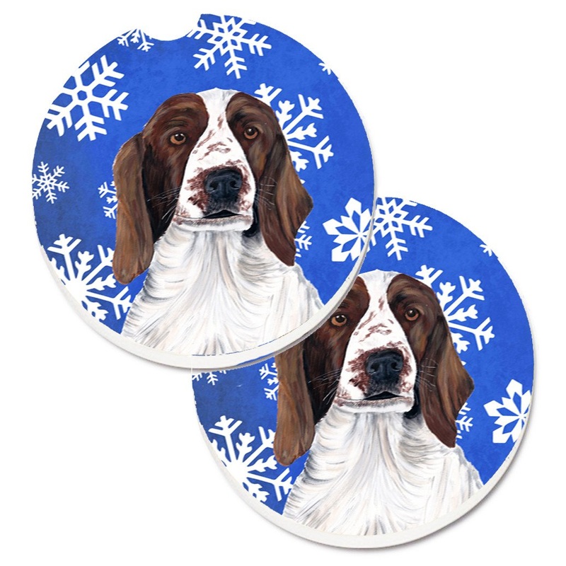 Welsh Springer Spaniel Winter Snowflakes Holiday Car Coasters  Set of 2 - Absorbent Stone with Fun & Functional Artwork SC9380CARC