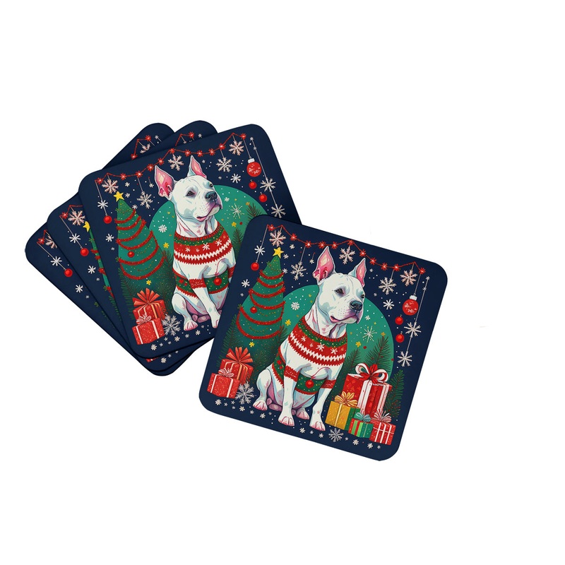 White Pit Bull Terrier Christmas Coasters - Set of 4 Lightweight Foam, Absorbent Drink Coasters