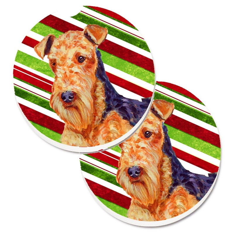 Airedale Candy Cane Holiday Christmas Car Coasters  Set of 2 - Absorbent Stone with Fun & Functional Artwork LH9246CARC