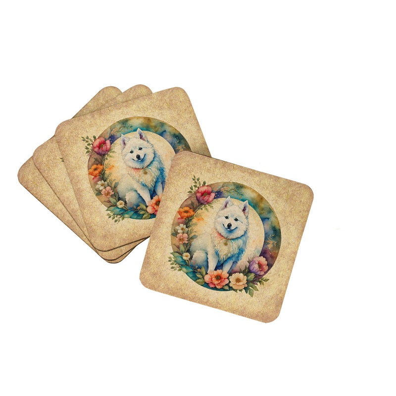 American Eskimo and Flowers Coasters - Set of 4 Lightweight Foam, Absorbent Drink Coasters