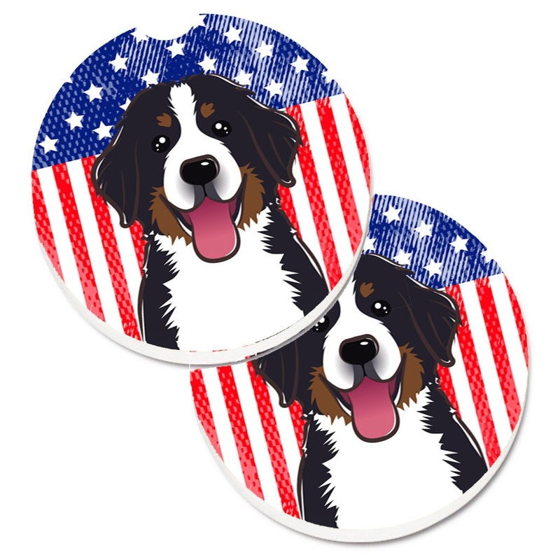 American Flag and Bernese Mountain Dog Car Coasters  Set of 2 - Absorbent Stone with Fun & Functional Artwork BB2167CARC