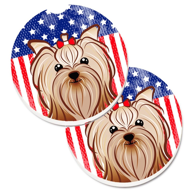 American Flag and Yorkie Yorkishire Terrier Car Coasters  Set of 2 - Absorbent Stone with Fun & Functional Artwork BB2134CARC