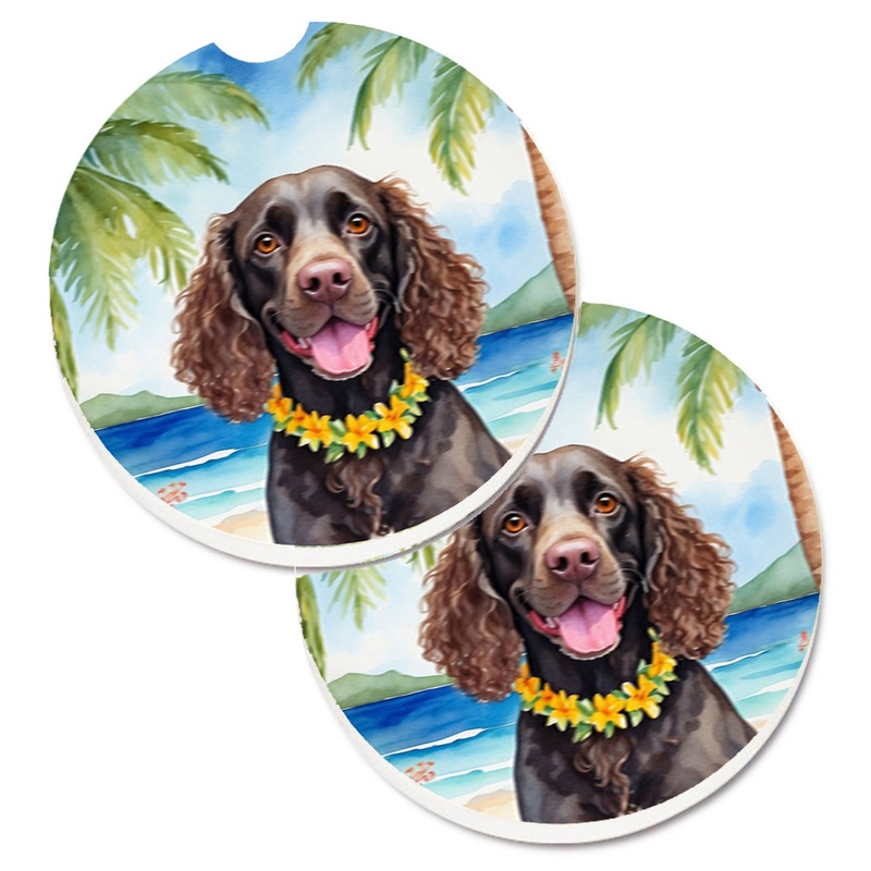 American Water Spaniel Luau Car Coasters  Set of 2 - Absorbent Stone with Fun & Functional Artwork