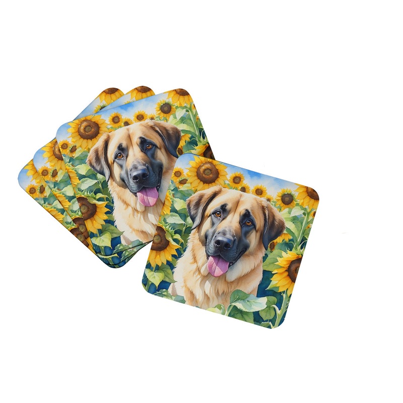 Anatolian Shepherd in Sunflowers Coasters - Set of 4 Lightweight Foam, Absorbent Drink Coasters