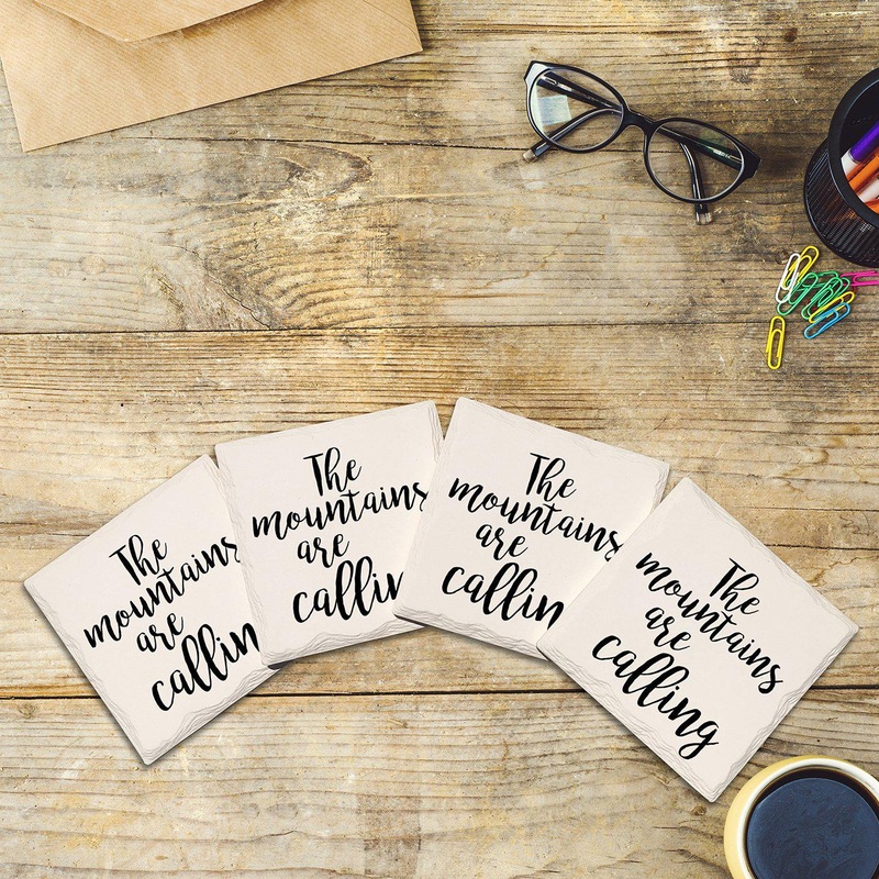 The Mountains Are Calling Coasters | Drink Coaster Set of 4 | Absorbent Ridged Ceramic with Cork Backing | Mountain Lodge Cabin House Decor