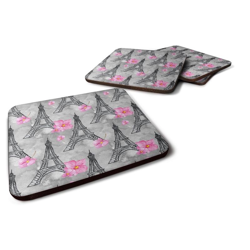 Watercolor Pink Flowers Eiffel Tower Foam Coaster  BB7503FC