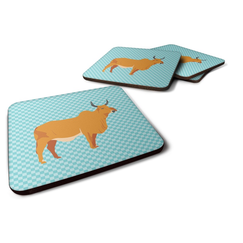 Zebu Indicine Cow Blue Check Foam Coaster  BB7999FC