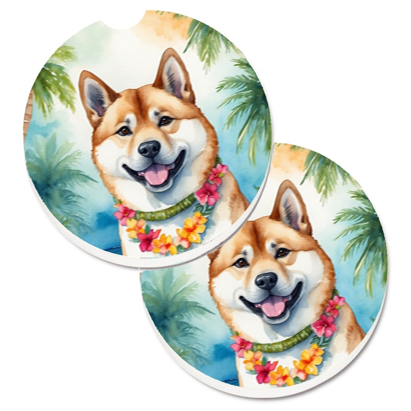 Akita Luau Car Coasters  Set of 2 - Absorbent Stone with Fun & Functional Artwork