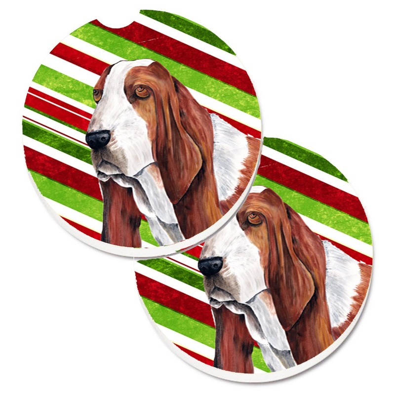 Basset Hound Candy Cane Holiday Christmas Car Coasters  Set of 2 - Absorbent Stone with Fun & Functional Artwork SC9332CARC