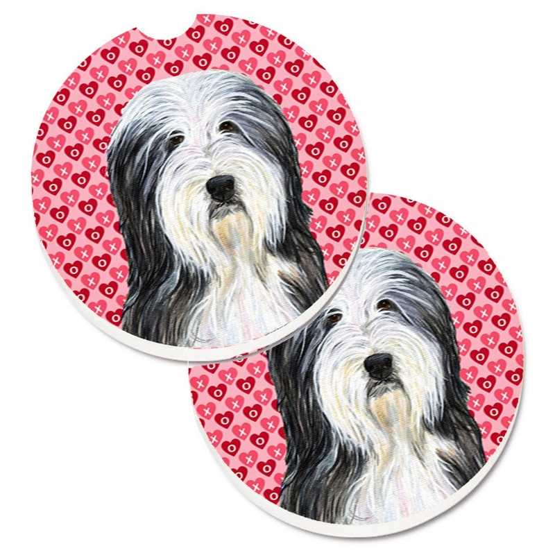 Bearded Collie Hearts Love and Valentine's Day Portrait Car Coasters  Set of 2 - Absorbent Stone with Fun & Functional Artwork SS4497CARC