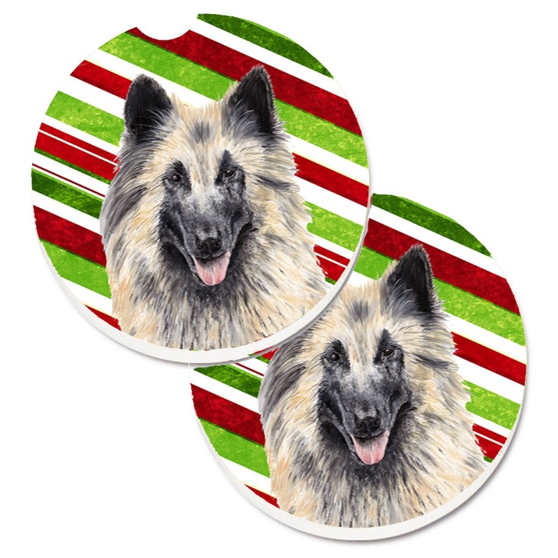 Belgian Tervuren Candy Cane Holiday Christmas Car Coasters  Set of 2 - Absorbent Stone with Fun & Functional Artwork SC9352CARC