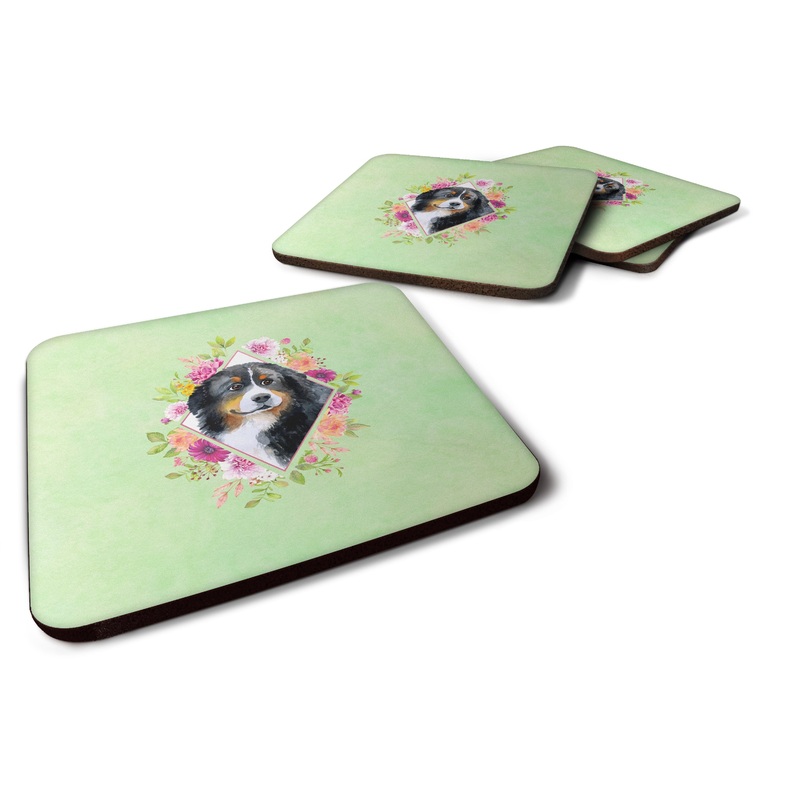 Bernese Mountain Dog Green Flowers Coasters - Set of 4 Lightweight Foam, Absorbent Drink Coasters  CK4278FC