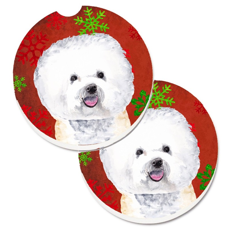 Bichon Frise Red and Green Snowflakes Holiday Christmas Car Coasters  Set of 2 - Absorbent Stone with Fun & Functional Artwork SC9402CARC