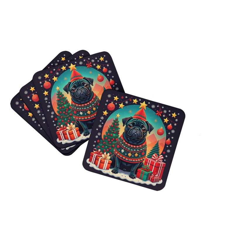 Black Pug Christmas Coasters - Set of 4 Lightweight Foam, Absorbent Drink Coasters