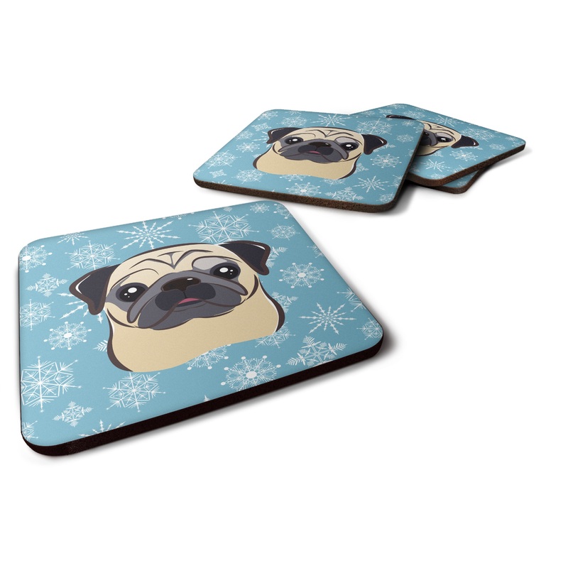 Snowflake Fawn Pug Coasters - Set of 4 Lightweight Foam, Absorbent Drink Coasters BB1696FC
