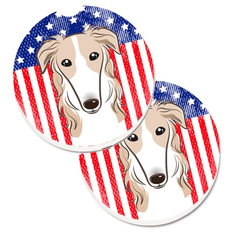 American Flag and Borzoi Car Coasters  Set of 2 - Absorbent Stone with Fun & Functional Artwork BB2158CARC