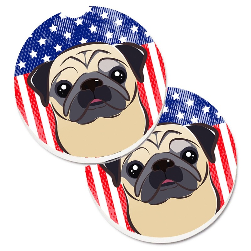 American Flag and Fawn Pug Car Coasters  Set of 2 - Absorbent Stone with Fun & Functional Artwork BB2192CARC