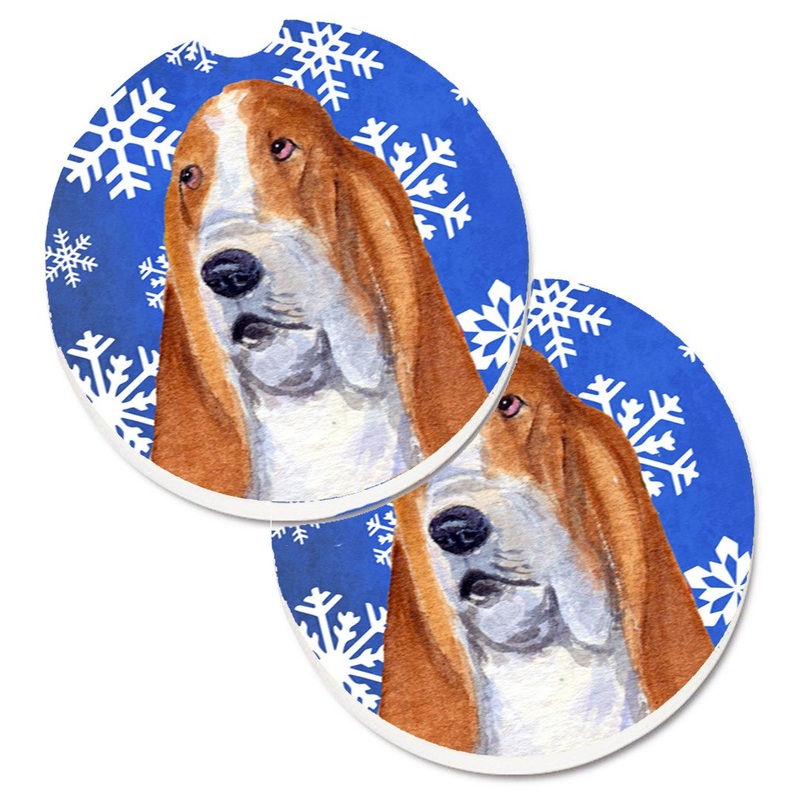 Basset Hound Winter Snowflakes Holiday Car Coasters  Set of 2 - Absorbent Stone with Fun & Functional Artwork SS4666CARC