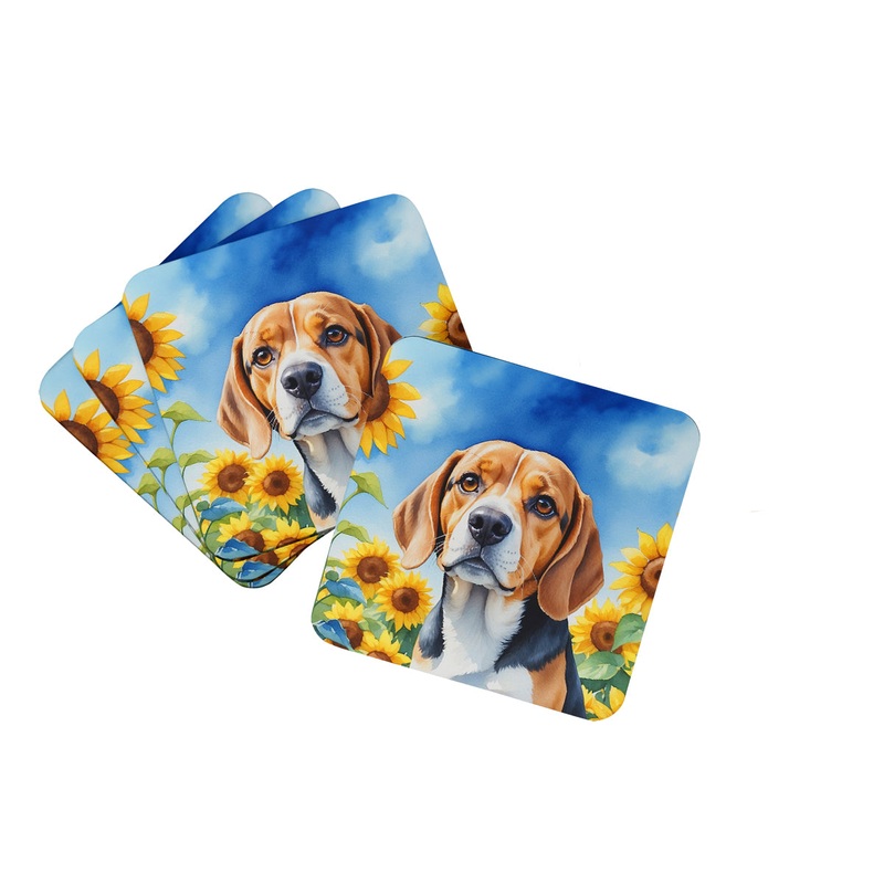 Beagle in Sunflowers Coasters - Set of 4 Lightweight Foam, Absorbent Drink Coasters