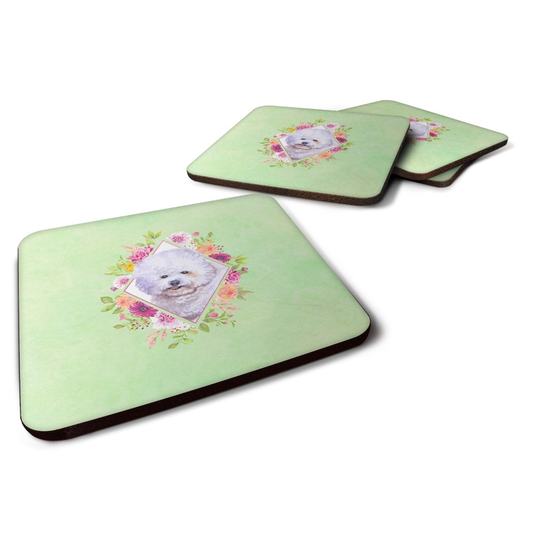 Bichon Fris? #2 Green Flowers Coasters - Set of 4 Lightweight Foam, Absorbent Drink Coasters  CK4280FC