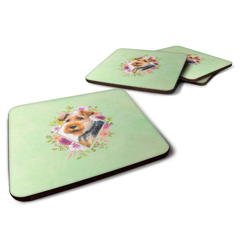 Welsh Terrier Green Flowers Coasters - Set of 4 Lightweight Foam, Absorbent Drink Coasters  CK4352FC