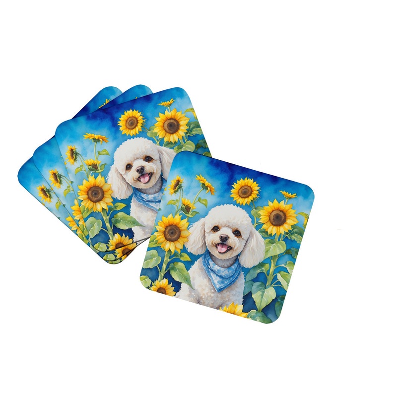 White Poodle in Sunflowers Coasters - Set of 4 Lightweight Foam, Absorbent Drink Coasters