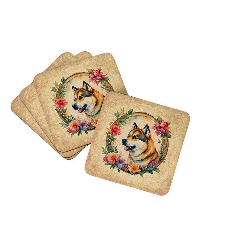 Akita and Flowers Coasters - Set of 4 Lightweight Foam, Absorbent Drink Coasters