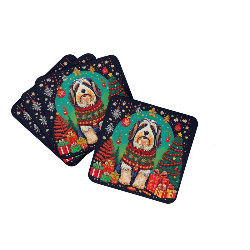 Bearded Collie Christmas Coasters - Set of 4 Lightweight Foam, Absorbent Drink Coasters