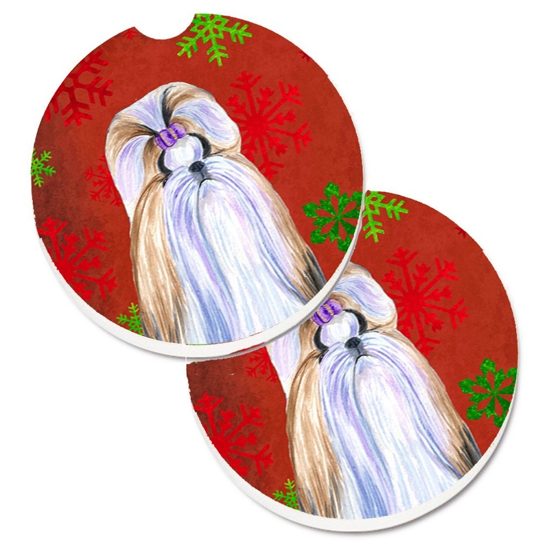 Shih Tzu Red and Green Snowflakes Holiday Christmas Car Coasters  Set of 2 - Absorbent Stone with Fun & Functional Artwork SS4672CARC