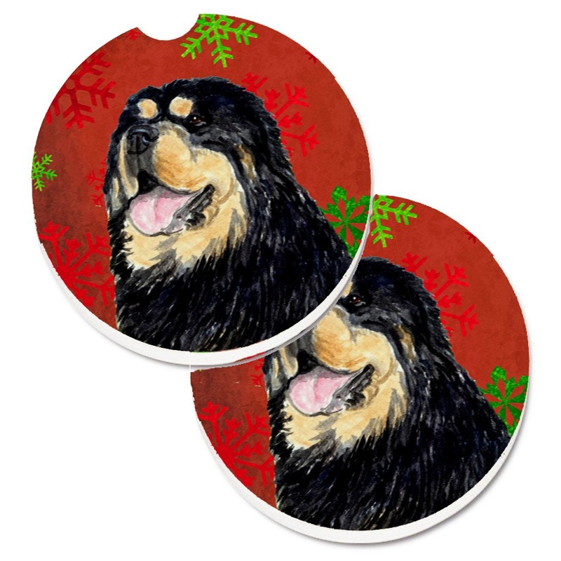 Tibetan Mastiff Red Green Snowflake Christmas Car Coasters  Set of 2 - Absorbent Stone with Fun & Functional Artwork SS4719CARC
