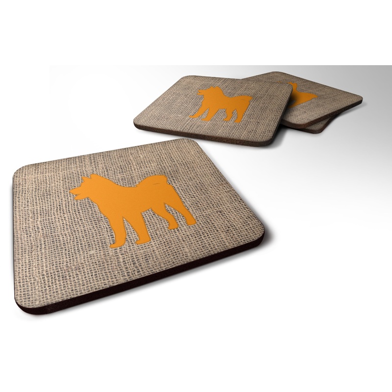 Akita Burlap and Orange Coasters - Set of 4 Lightweight Foam, Absorbent Drink Coasters